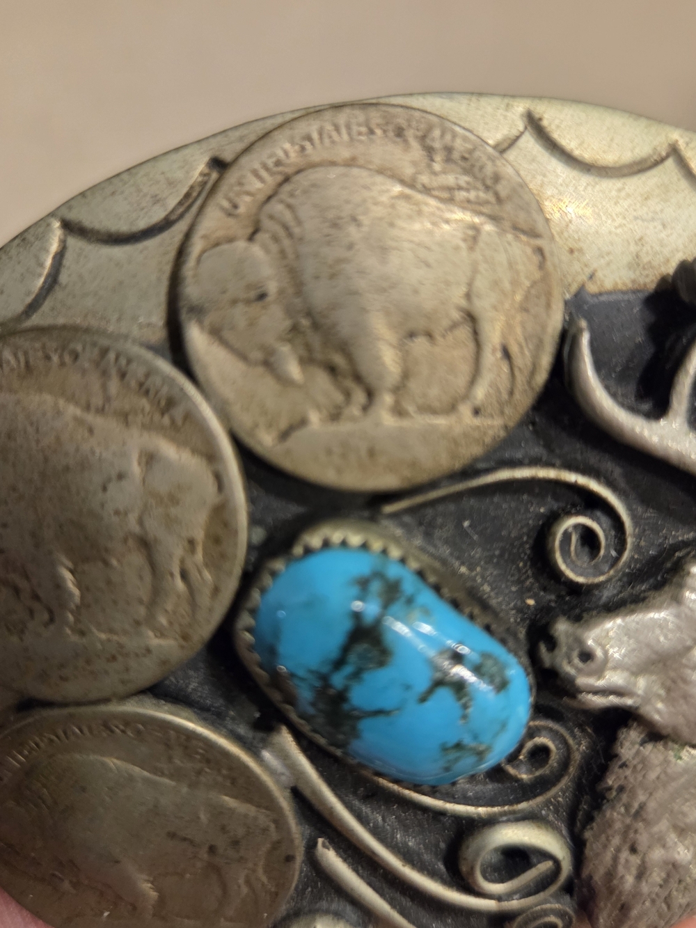 Vintage Navajo Silver Turquoise & Coral Belt Buckle By, Squaw Wrap - Picture 4 of 11